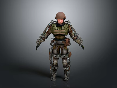 Woman As 3D Model In Military Uniform With Tactical Gear And Metal Green Armor 3d model