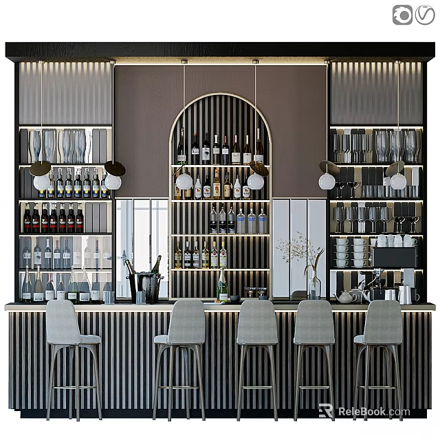 Modern Commercial Bar Equipment With Wine Racks Bar Stools And Glass Storage 3d model 