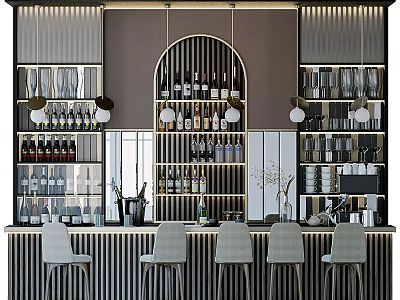 Modern Commercial Bar Equipment With Wine Racks Bar Stools And Glass Storage 3d model