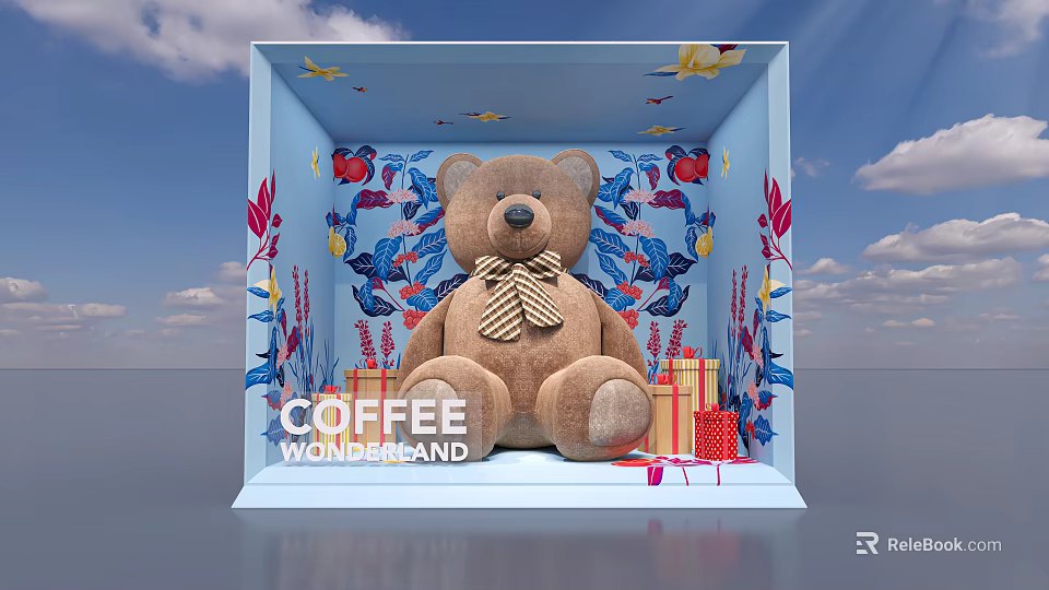 Coffee Wonderland Scene With Brown Teddy Bear Colorful Floral Decorations And Gift Boxes 3d model 