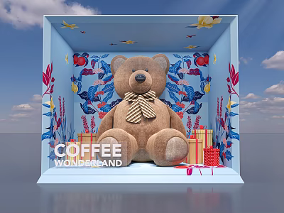 Coffee Wonderland Scene With Brown Teddy Bear Colorful Floral Decorations And Gift Boxes 3d model