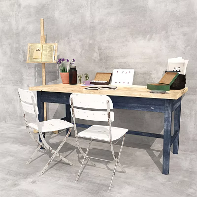 Wooden Desk With Blue Legs White Folding Chairs Purple Flowers Open Book And Notebook 3d model