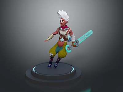 Man with White Hair and Mechanical Arm Holding Blue Glowing Sword on Circular Platform 3d model