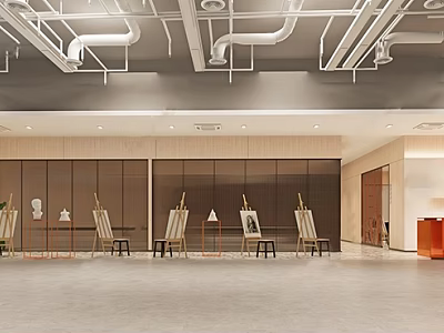 Spacious Modern Art Studio Space With Drawing Easels Transparent Partitions And Ceiling Pipes 3d model