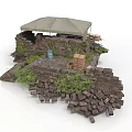 Rustic Stone Structure With Tent Foliage Wooden Crates And Bricks 3d model