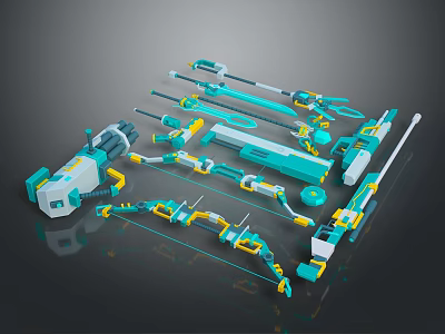 Futuristic Mechanical Weapons Collection With Turquoise Yellow Accents And Diverse Types 3d model