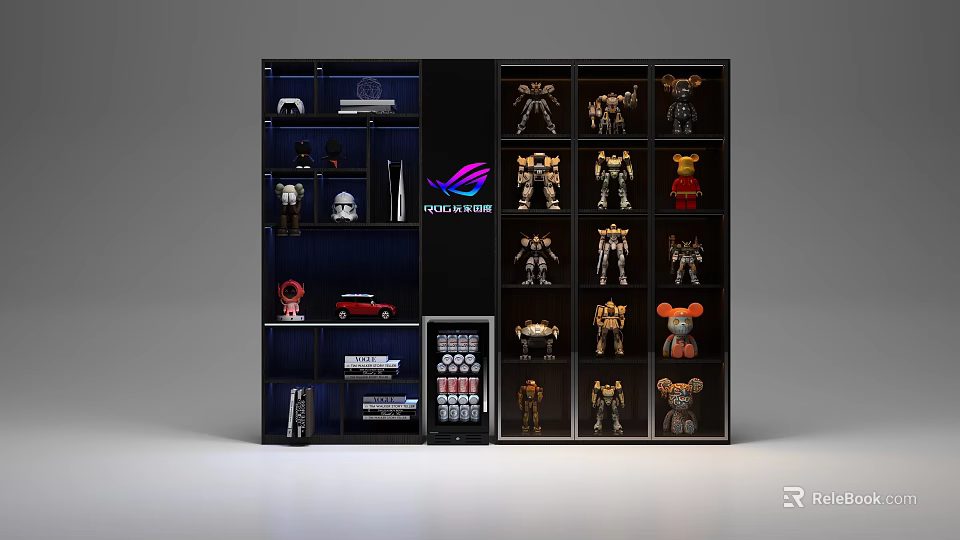 Black Decorative Cabinet With Glass Doors Displaying Robot Models And Collectibles 3d model 