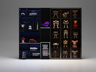 Black Decorative Cabinet With Glass Doors Displaying Robot Models And Collectibles 3d model