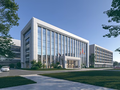 Modern Office Building Featuring Glass Curtain Walls Spacious Entrance And Landscaped Lawns 3d model