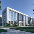 Modern Office Building Featuring Glass Curtain Walls Spacious Entrance And Landscaped Lawns