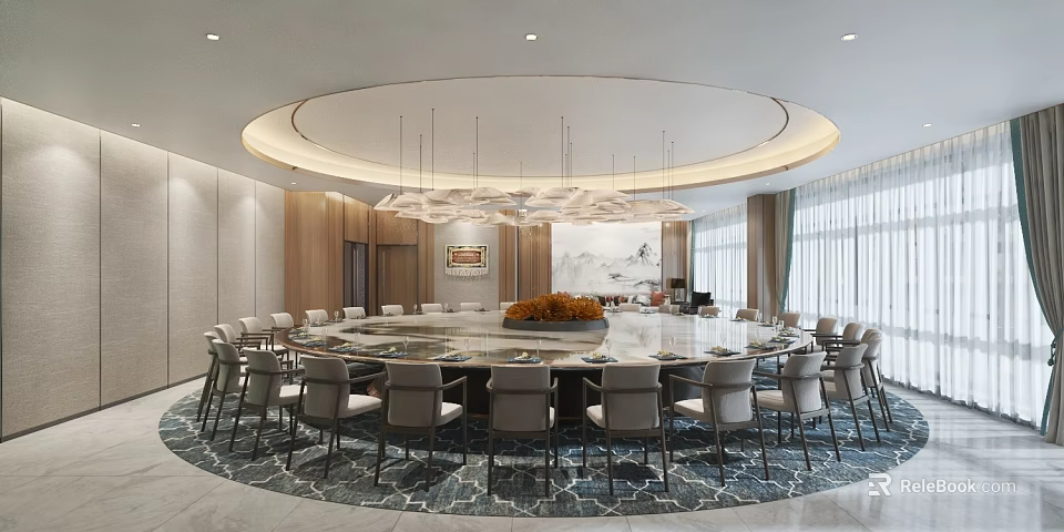 Luxury Private Dining Room With Large Round Table And Chandeliers 3d model