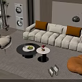 Modern Living Room Beige Sofa Black Round Coffee Table With Orange Pillows Accent Chairs