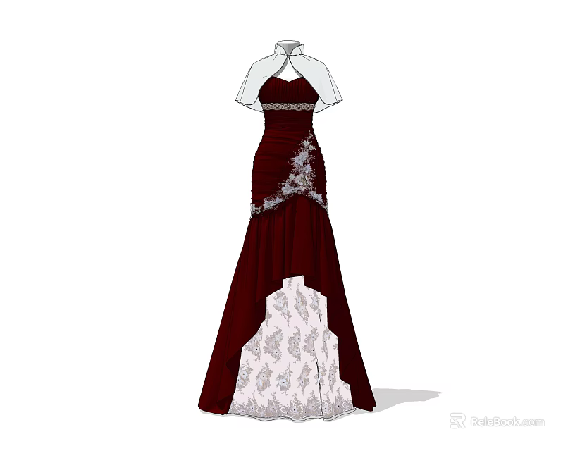 Model Wearing Elegant Dark Red Long Dress With White Sleeves And Patterned Hem 3d model