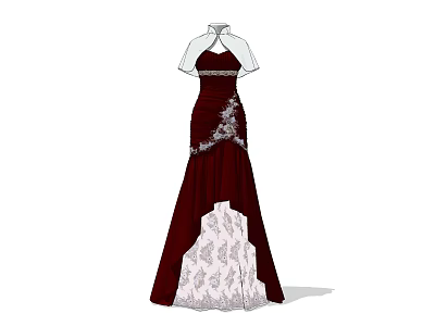 Model Wearing Elegant Dark Red Long Dress With White Sleeves And Patterned Hem 3d model