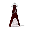 Model Wearing Elegant Dark Red Long Dress With White Sleeves And Patterned Hem 3d model
