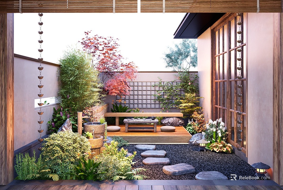 Serene Courtyard Garden Featuring Stone Stepping Stones Wooden Bench Lattice Fence And Greenery 3d model 