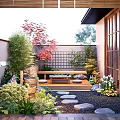 Serene Courtyard Garden Featuring Stone Stepping Stones Wooden Bench Lattice Fence And Greenery