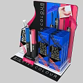 Cosmetic Display Shelf With Big Eyes Colour Mascara Pink Blue Tubes And Packaging
