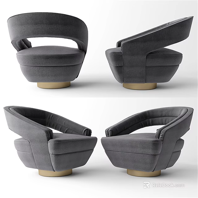 Stylish Gray Velvet Leisure Chair With Curved Armrest And Gold Round Base 3d model 