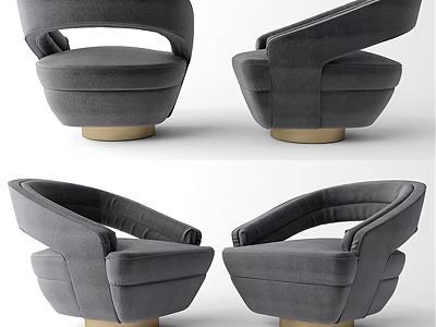 Stylish Gray Velvet Leisure Chair With Curved Armrest And Gold Round Base 3d model