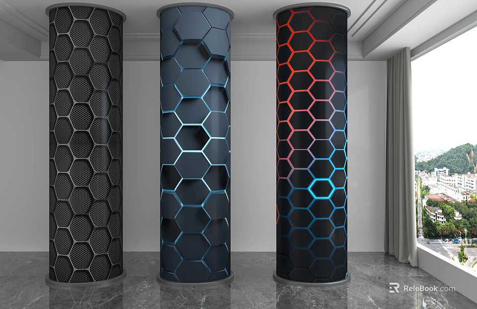 Modern Indoor Columns With Hexagonal Pattern And Black Blue Red Gradient On Marble Floor 3d model 