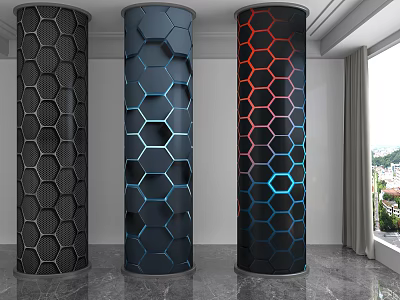 Modern Indoor Columns With Hexagonal Pattern And Black Blue Red Gradient On Marble Floor 3d model