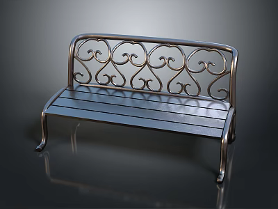 Vintage Metal Bench With Curved Ornate Scroll Backrest And Wooden Slat Seat 3d model