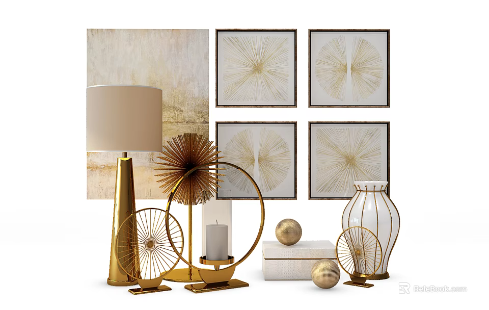 Elegant Golden Decorative Ornament Set With Radiating Artworks Lamp Sphere Vase And Circular Frame 3d model 