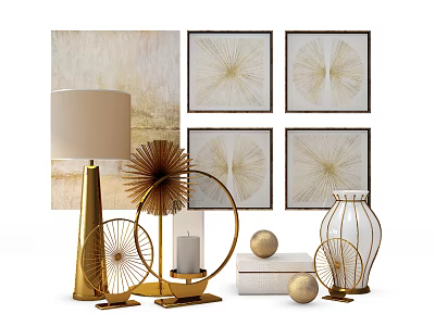 Elegant Golden Decorative Ornament Set With Radiating Artworks Lamp Sphere Vase And Circular Frame 3d model