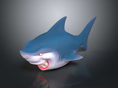 Cartoon Style Blue And White Shark 3D Model With Red Eyes Open Mouth Sharp Teeth 3d model