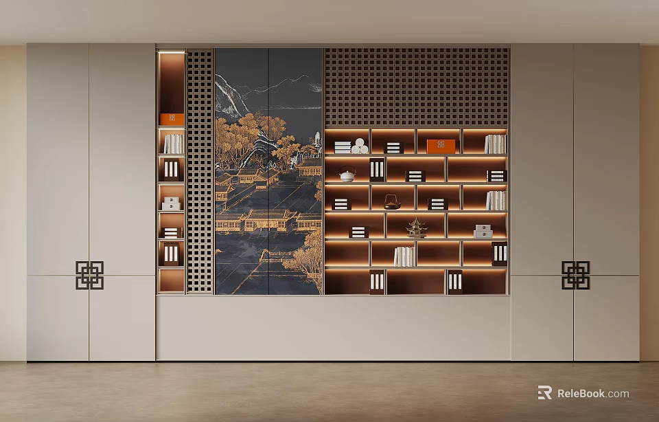 Traditional Chinese Tea Room Interior with Wooden Bookshelves Landscape Painting and Built-in Design 3d model 
