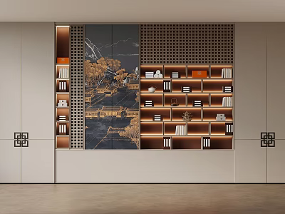 Traditional Chinese Tea Room Interior with Wooden Bookshelves Landscape Painting and Built-in Design 3d model