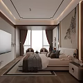 Chinese Style Bedroom Interior With White Bed Wooden Nightstands Landscape Painting And Area Rug