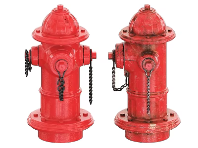 Two Red Fire Hydrants With Metal Chains Showing Different Wear Conditions 3d model