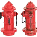 Two Red Fire Hydrants With Metal Chains Showing Different Wear Conditions