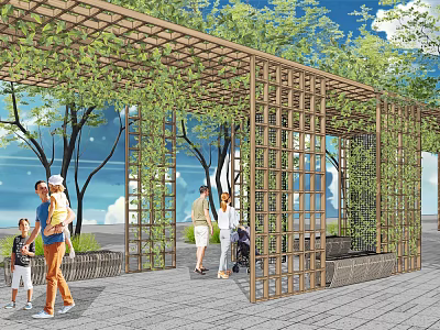 Wooden Pergola with Climbing Vines in Outdoor Leisure Park for Activities and Natural Greenery 3d model