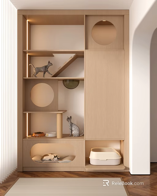 Modern Wooden Multi Level Cat Tree With Circular Holes And Scratching Post 3d model 