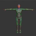 Character in Blue and Black Mechanical Armor Standing with Arms Outstretched Against Dark Background