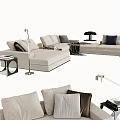 Modern Beige Linen Sectional Sofa With Multiple Pillows Floor Lamp And Side Table 3d model