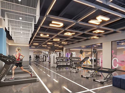 Modern Gym Interior With Treadmill Fitness Equipment Woman Exercising And Ceiling Lights 3d model