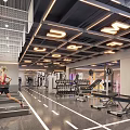 Modern Gym Interior With Treadmill Fitness Equipment Woman Exercising And Ceiling Lights