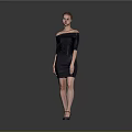 Woman in Black Off Shoulder Dress Standing Against Gray Background with High Heels