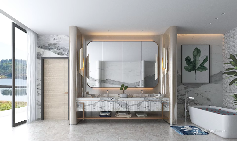 Modern Bathroom Interior With Large Mirror Double Sinks Marble Counter Bathtub And Potted Plant 3d model 