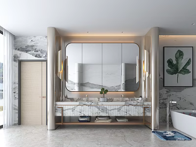 Modern Bathroom Interior With Large Mirror Double Sinks Marble Counter Bathtub And Potted Plant 3d model