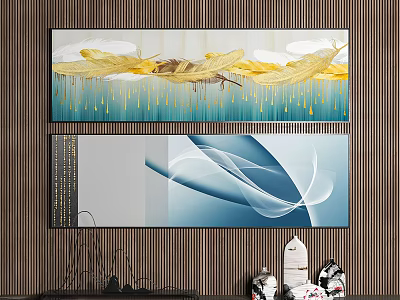 Abstract Wall Art Decor With Golden Leaf Blue Wave Designs On Wooden Background Ceramic Vases 3d model