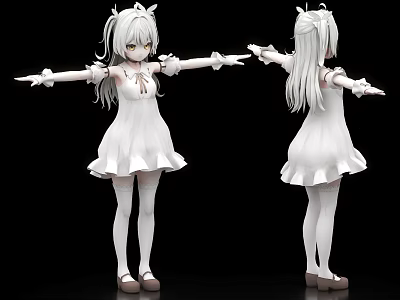 White Dress Female Figure With Long White Hair White Stockings Outstretched Arms Front Back 3d model