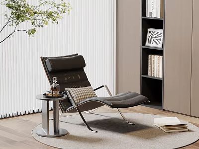 Modern Lounge Chair With Plaid Cushion Small Round Table Bookshelf And Green Plant 3d model