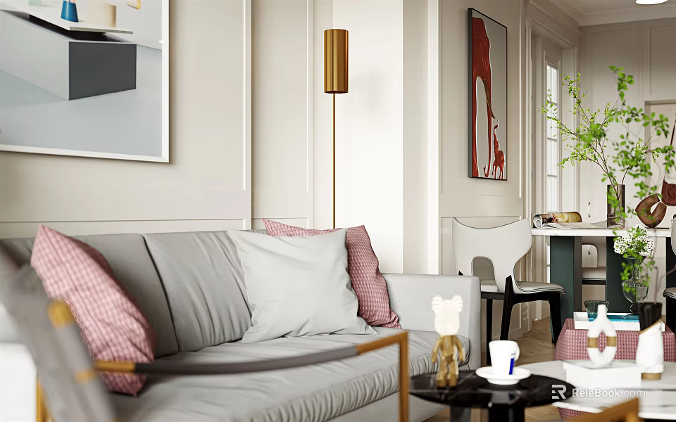 Modern Living Dining Room Interior With Grey Sofa Pink Cushions And Floor Lamp 3d model 