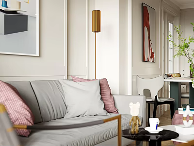 Modern Living Dining Room Interior With Grey Sofa Pink Cushions And Floor Lamp 3d model
