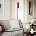 Modern Living Dining Room Interior With Grey Sofa Pink Cushions And Floor Lamp